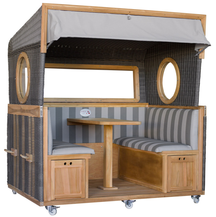 Gosch-Lounge Strandkorb 6-Sitzer Teak durchgeflochten PE Grey ERA Dessin 981 Grau Gosch-Lounge Strandkorb 6-Sitzer Teak durchgeflochten PE Grey ERA Dessin 981 Grau